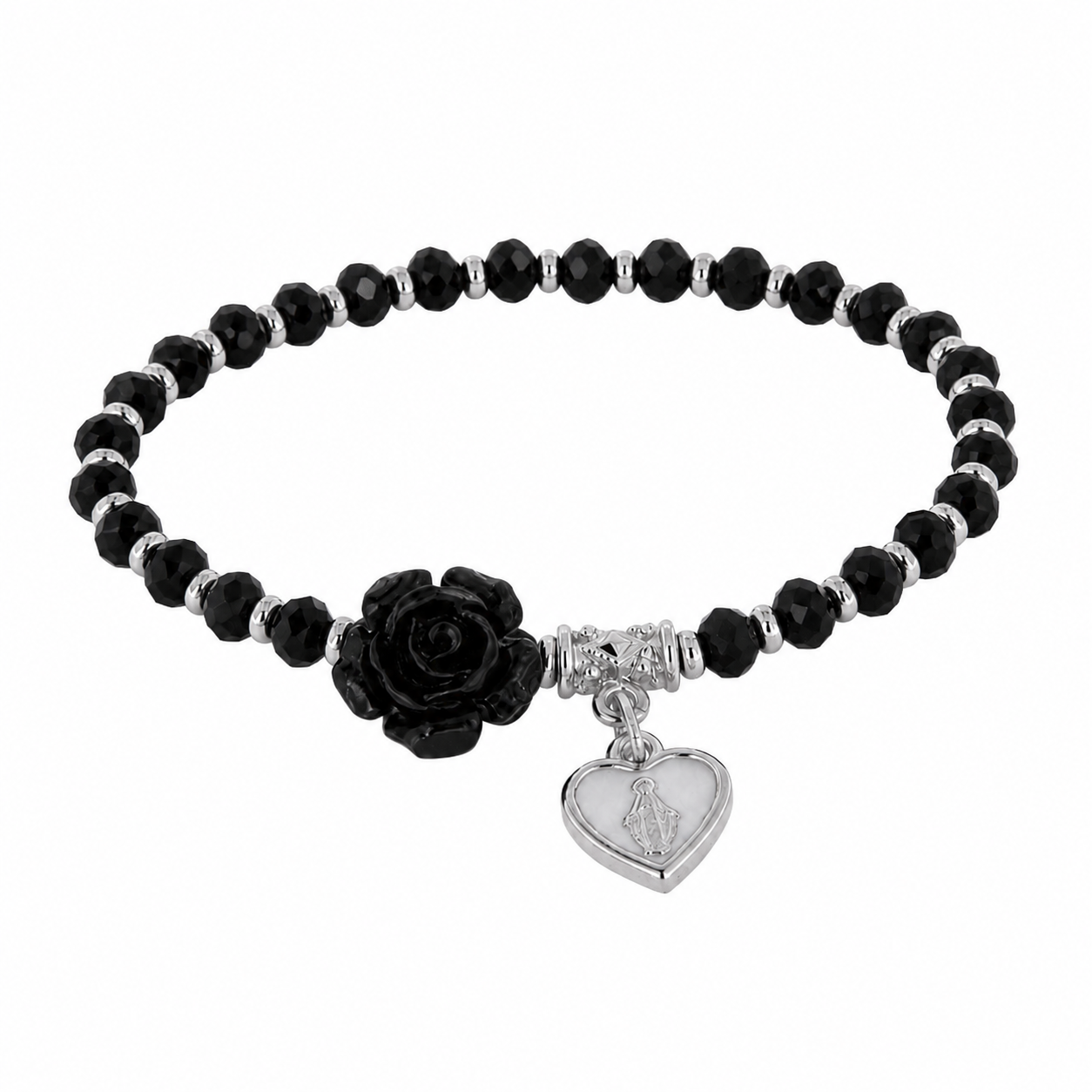 Bracciale Devozionale nero con rosa e cuore Medaglia Miracolosa