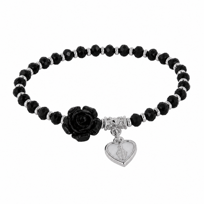Bracciale Devozionale nero con rosa e cuore Medaglia Miracolosa