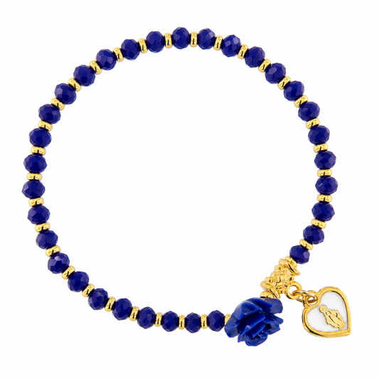 Bracciale devozionale dorato blu con rosa e cuore Medaglia Miracolosa