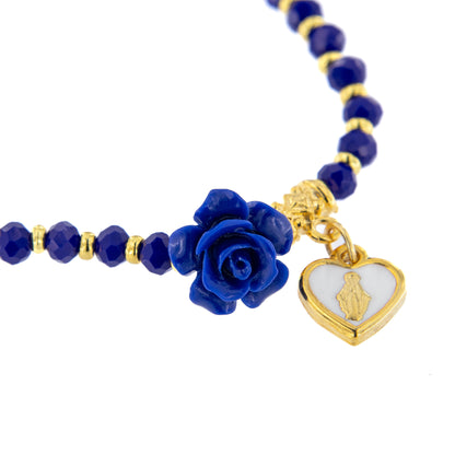 Bracciale devozionale dorato blu con rosa e cuore Medaglia Miracolosa