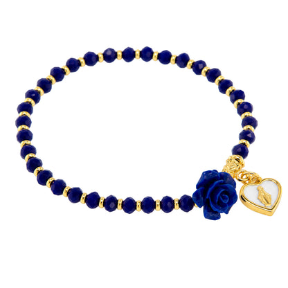 Bracciale devozionale dorato blu con rosa e cuore Medaglia Miracolosa