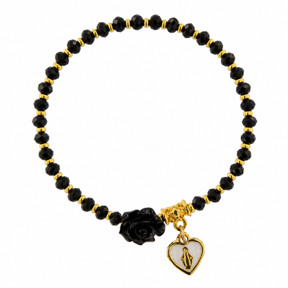 Bracciale devozionale dorato nero con rosa e cuore Medaglia Miracolosa