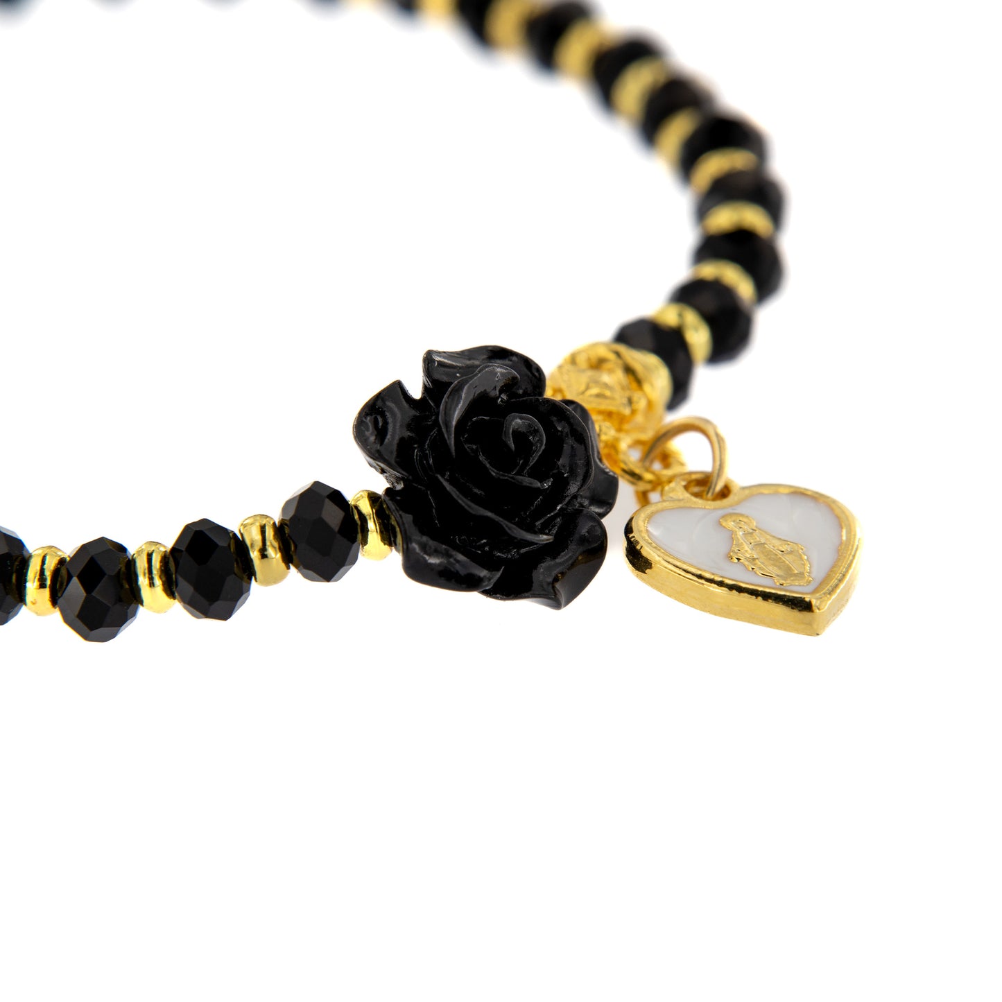 Bracciale devozionale dorato nero con rosa e cuore Medaglia Miracolosa
