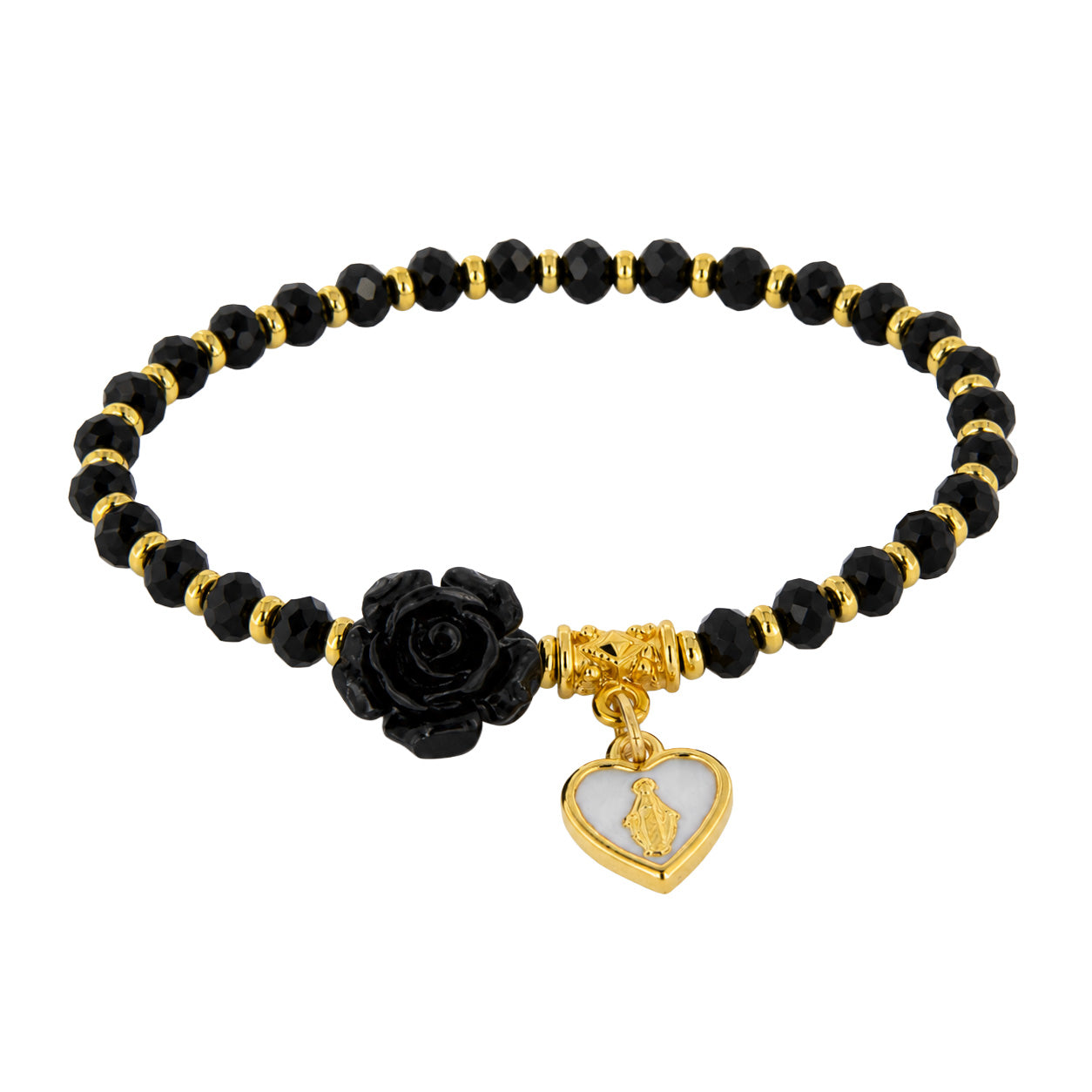 Bracciale devozionale dorato nero con rosa e cuore Medaglia Miracolosa