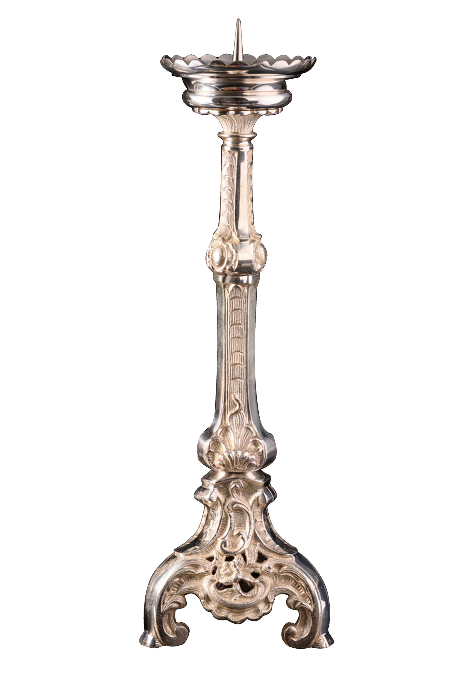 Portacandela da altare in ottone argentato. Altezza 50 cm