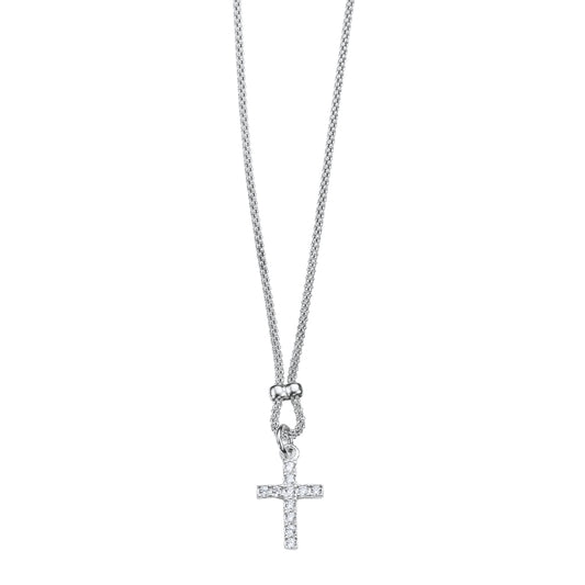Collana maglia coreana e ciondolo Croce con zirconi in argento 925 rodiato. Lunghezza cm. 42+3