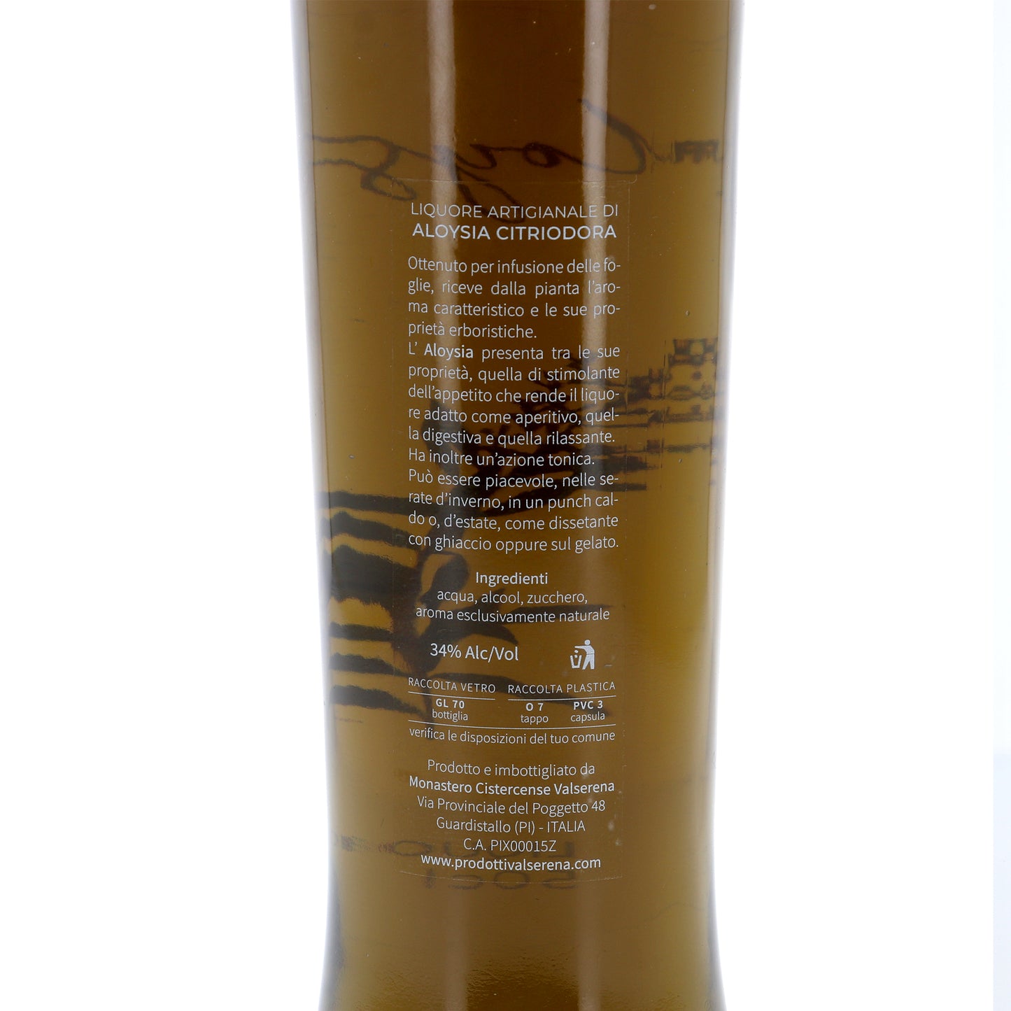 Liquore Aloysia in bottiglia da 500 ml. Prodotto dalle Monache Circestensi di Valserena