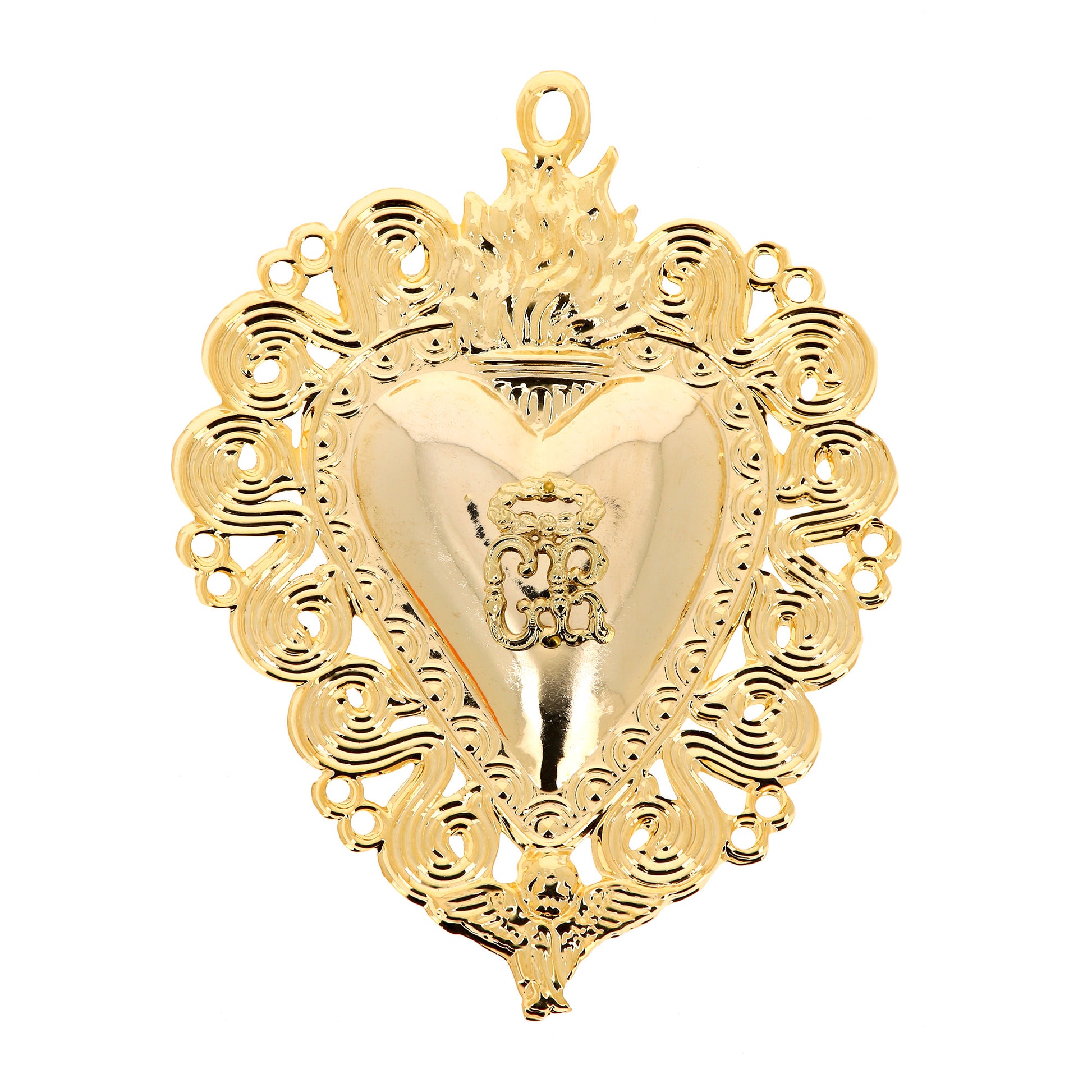 Cuore Votivo, in metallo dorato. Dimensioni 11x13,5 cm