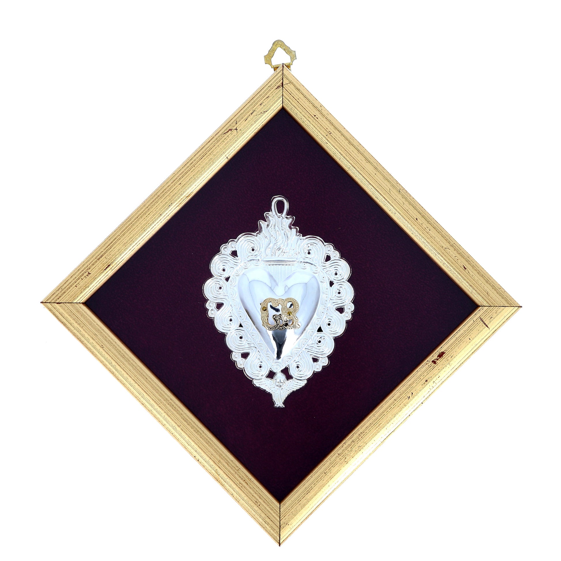 Quadro con Cuore Votivo in metallo argentato e lettere GR dorate. Dimensioni 16x16 cm