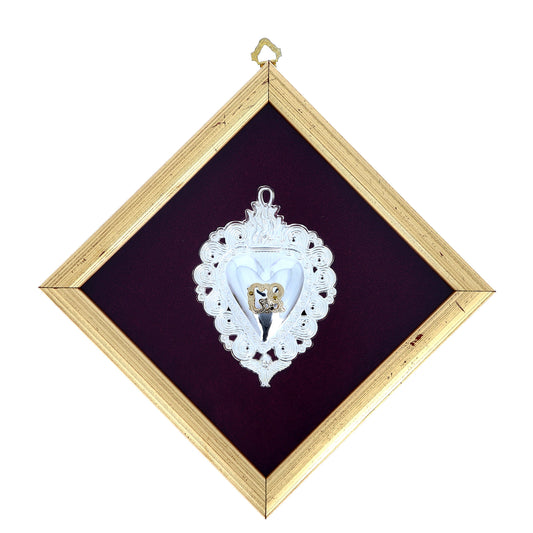 Quadro con Cuore Votivo in metallo argentato e lettere GR dorate. Dimensioni 16x16 cm