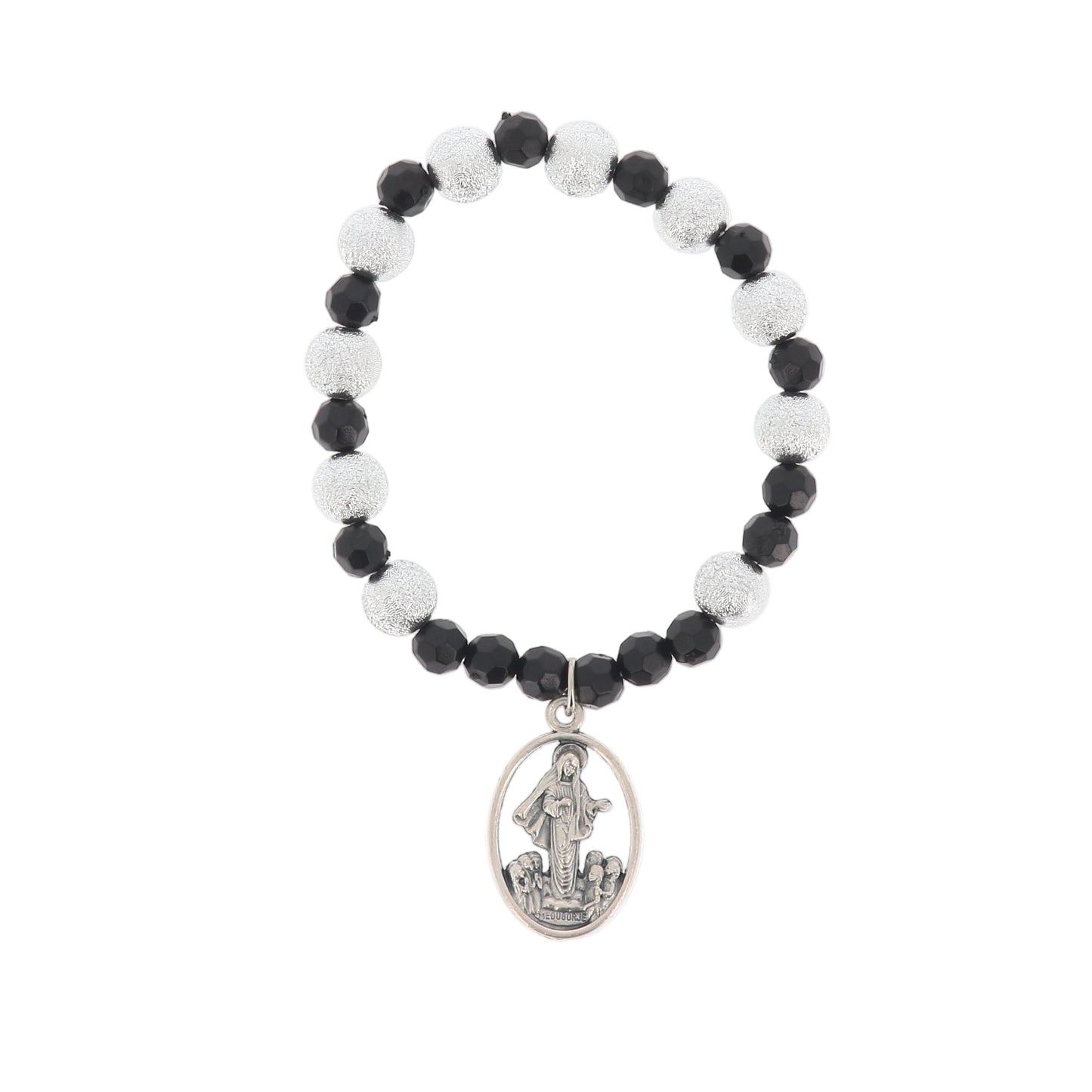 Bracciale decina elastico, grani color argento lavorati e grani neri sfaccettati, 6 mm