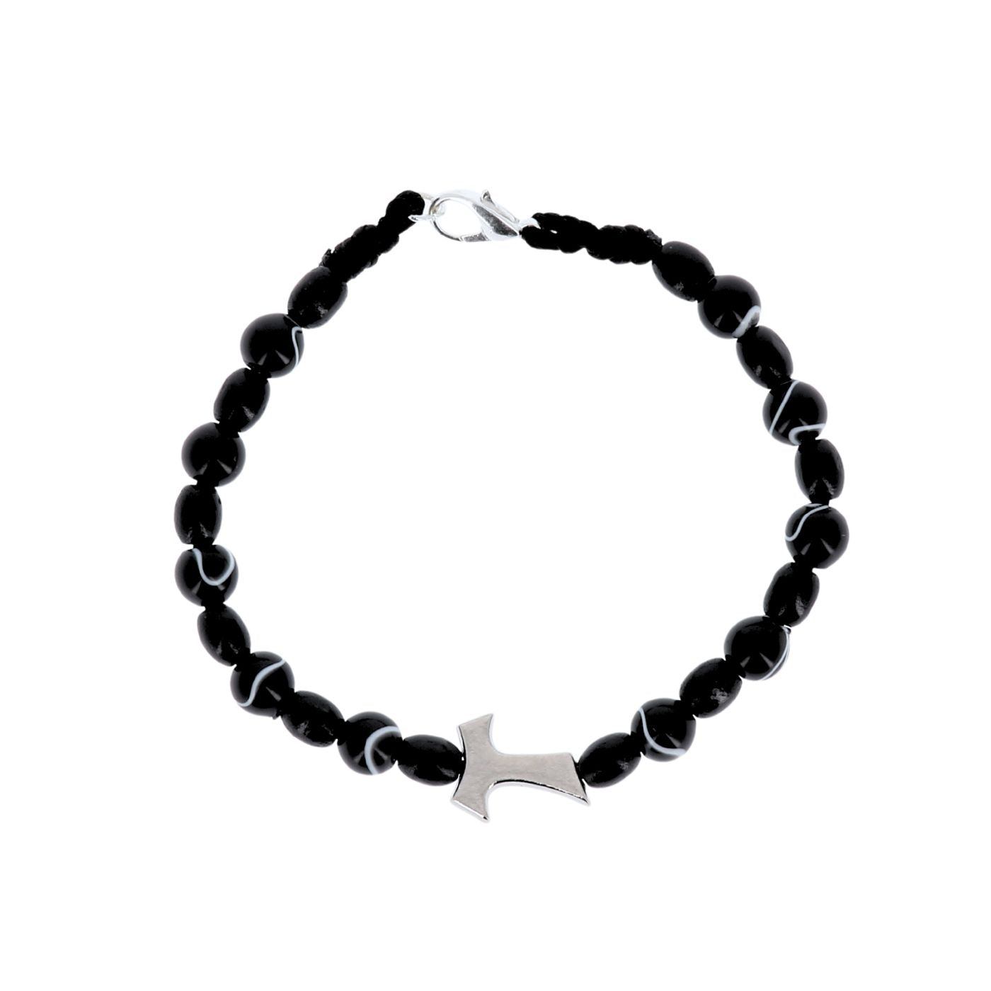 Bracciale decina grani in imitazione madreperla venati neri, 6 mm