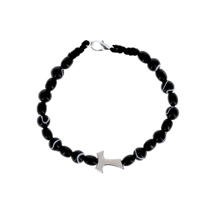 Bracciale decina grani in imitazione madreperla venati neri, 6 mm