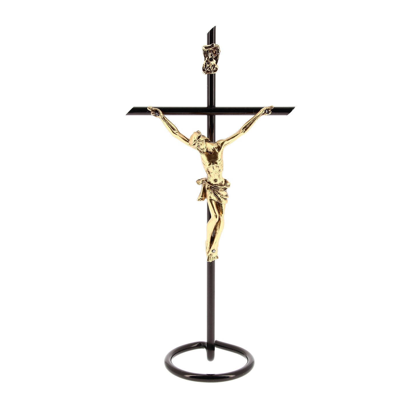 Crocifisso in metallo nero, corpo in metallo dorato. Altezza 20,5 cm