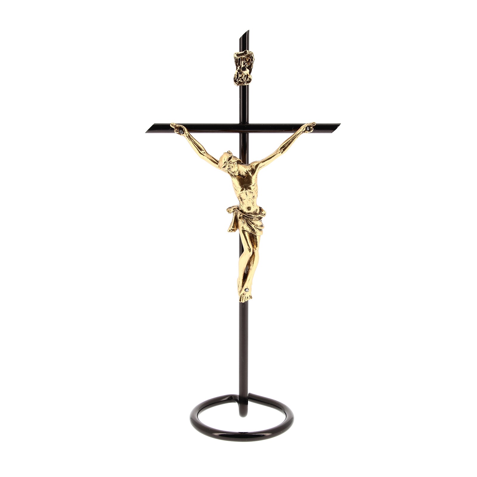 Crocifisso in metallo nero, corpo in metallo dorato. Altezza 20,5 cm