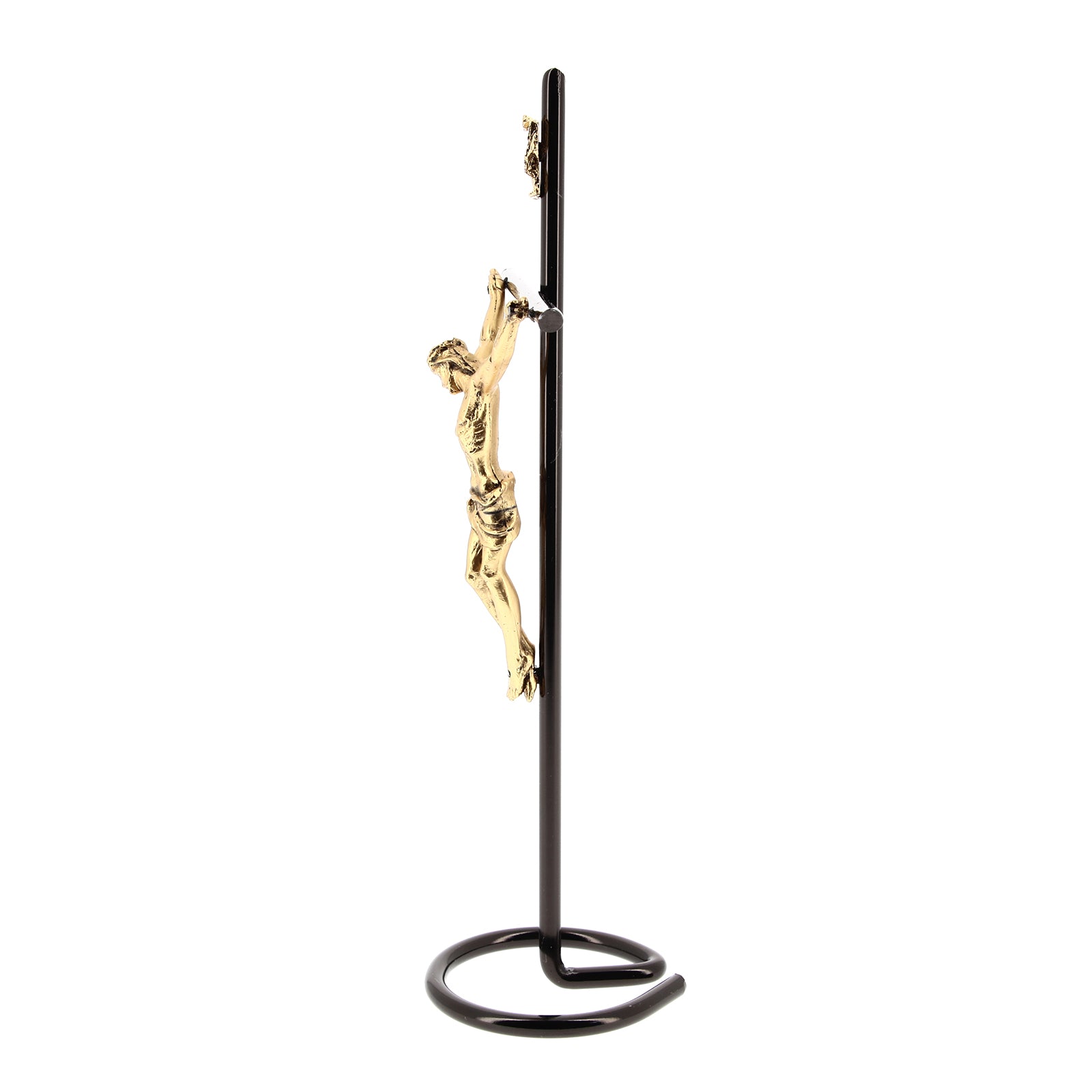 Crocifisso in metallo nero, corpo in metallo dorato. Altezza 20,5 cm