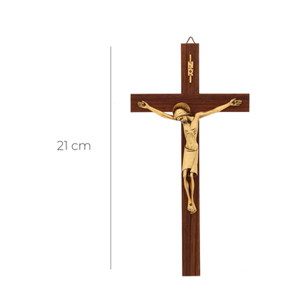 Crocifisso in legno noce, corpo con aureola in metallo dorato. Altezza 21 cm
