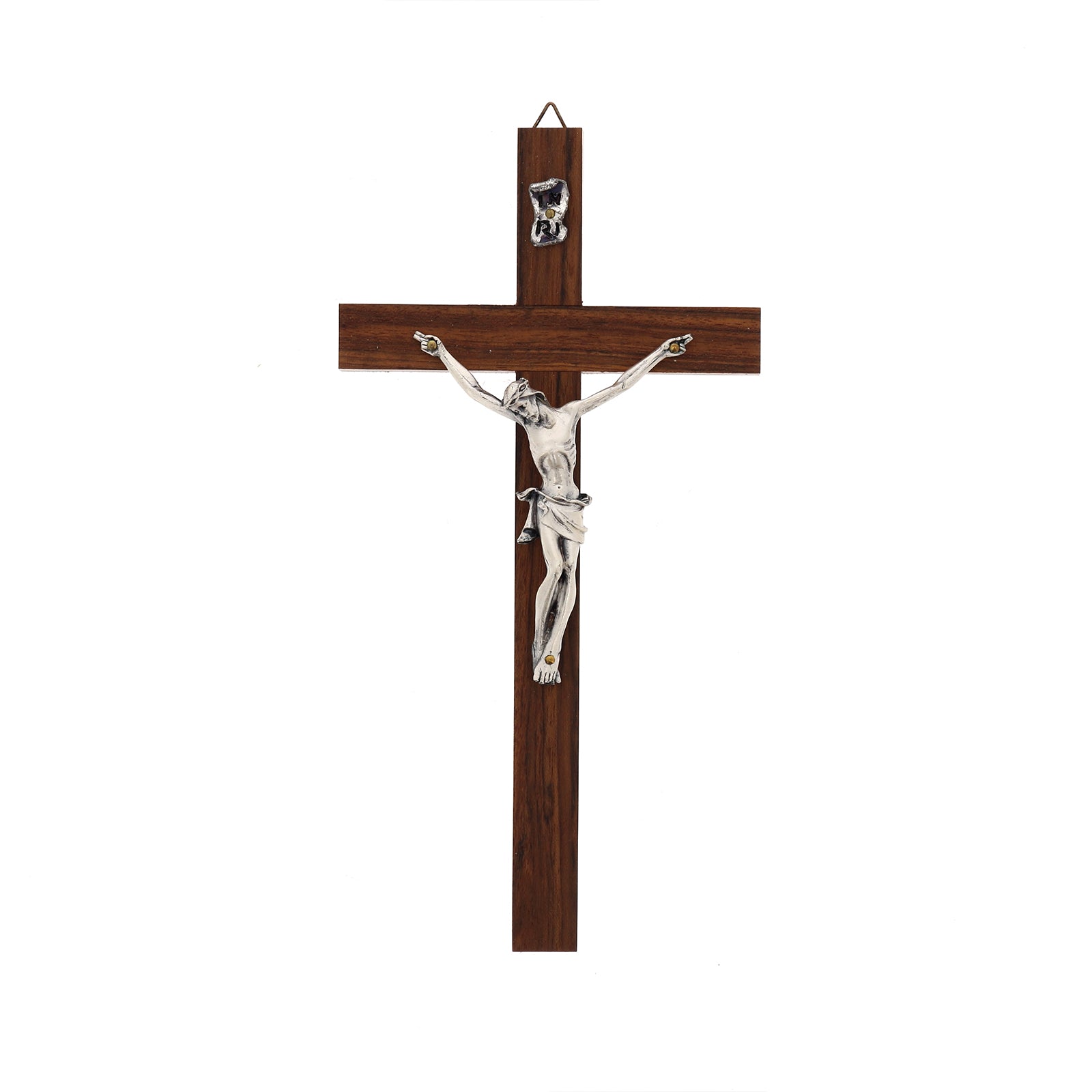 Crocifisso in legno noce, corpo in metallo. Altezza 21 cm