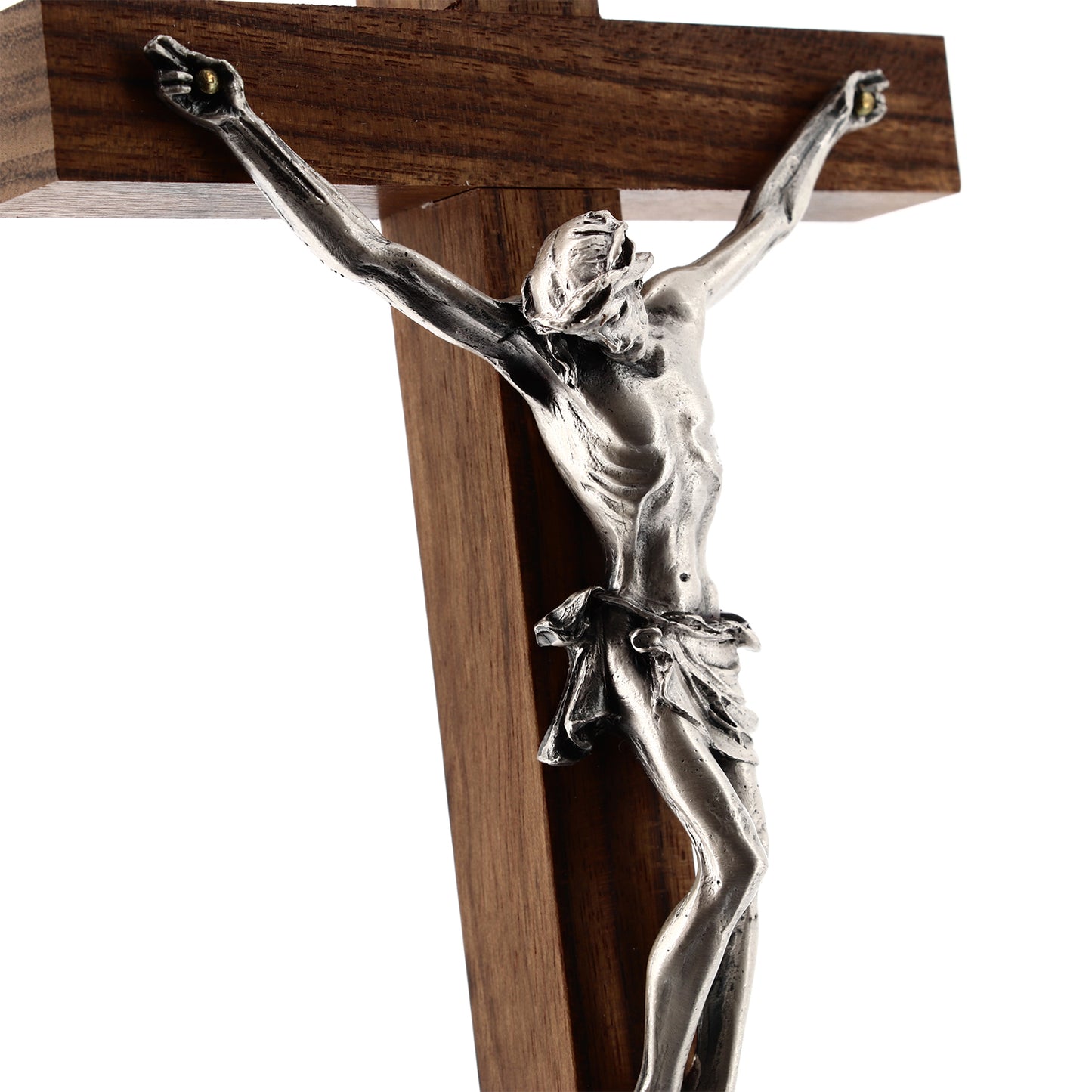 Crocifisso in legno noce, corpo in metallo. Altezza 21 cm