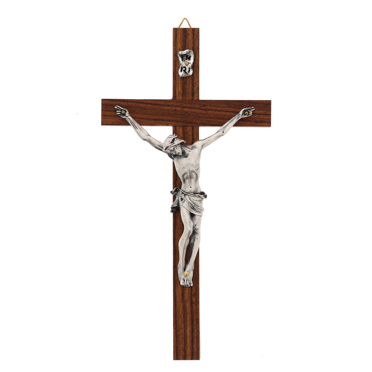 Crocifisso in legno noce, corpo in metallo. Altezza 21 cm