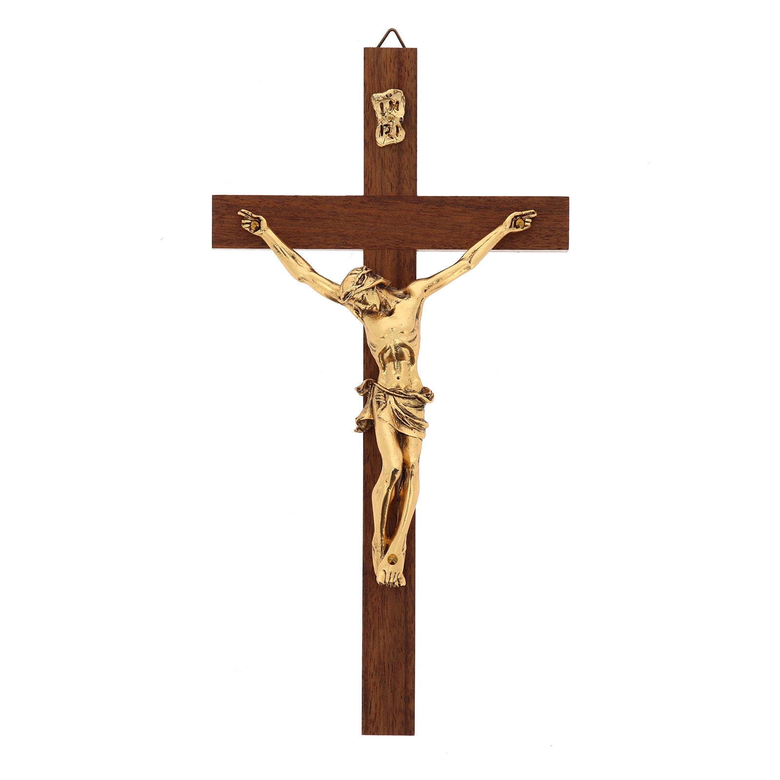 Crocifisso in legno noce, corpo in metallo. Altezza 21 cm