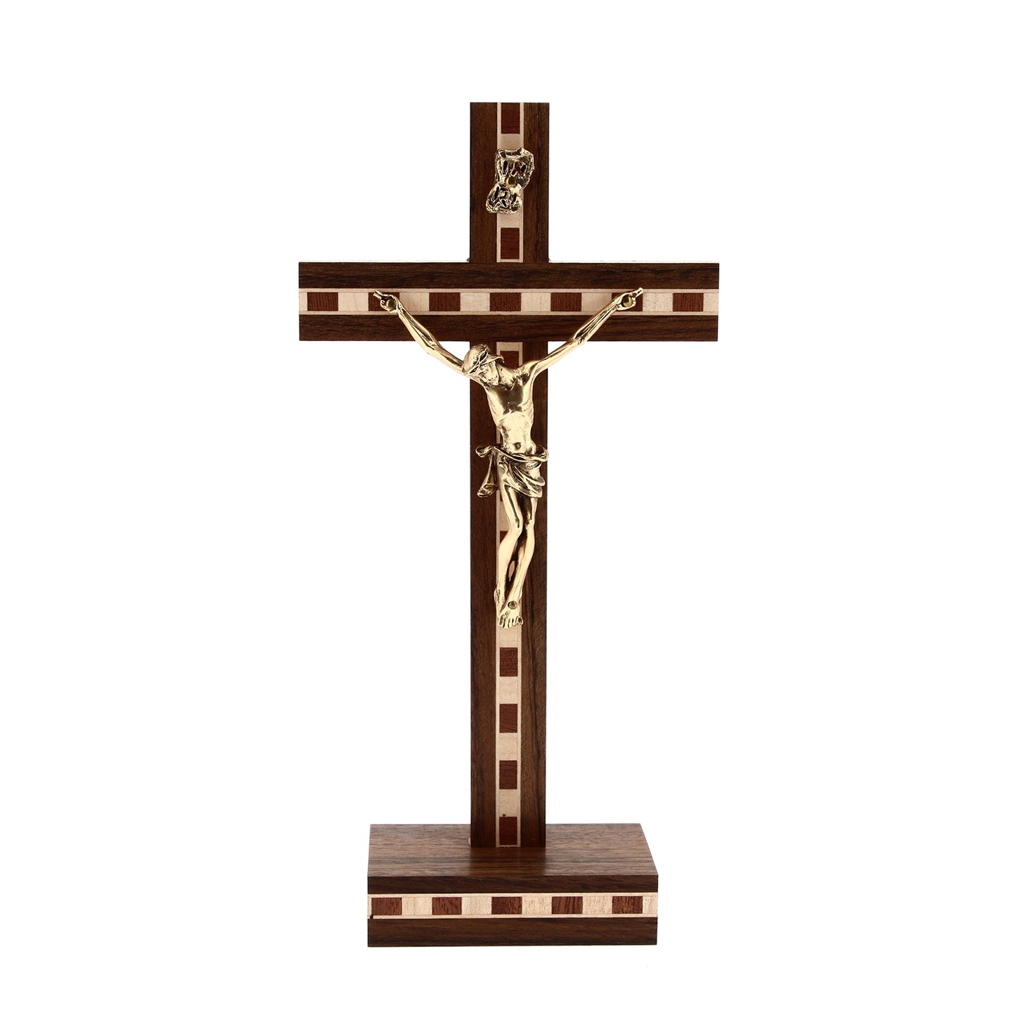 Crocifisso in legno con inserti in legno decorati, con corpo in metallo dorato. Altezza 22 cm