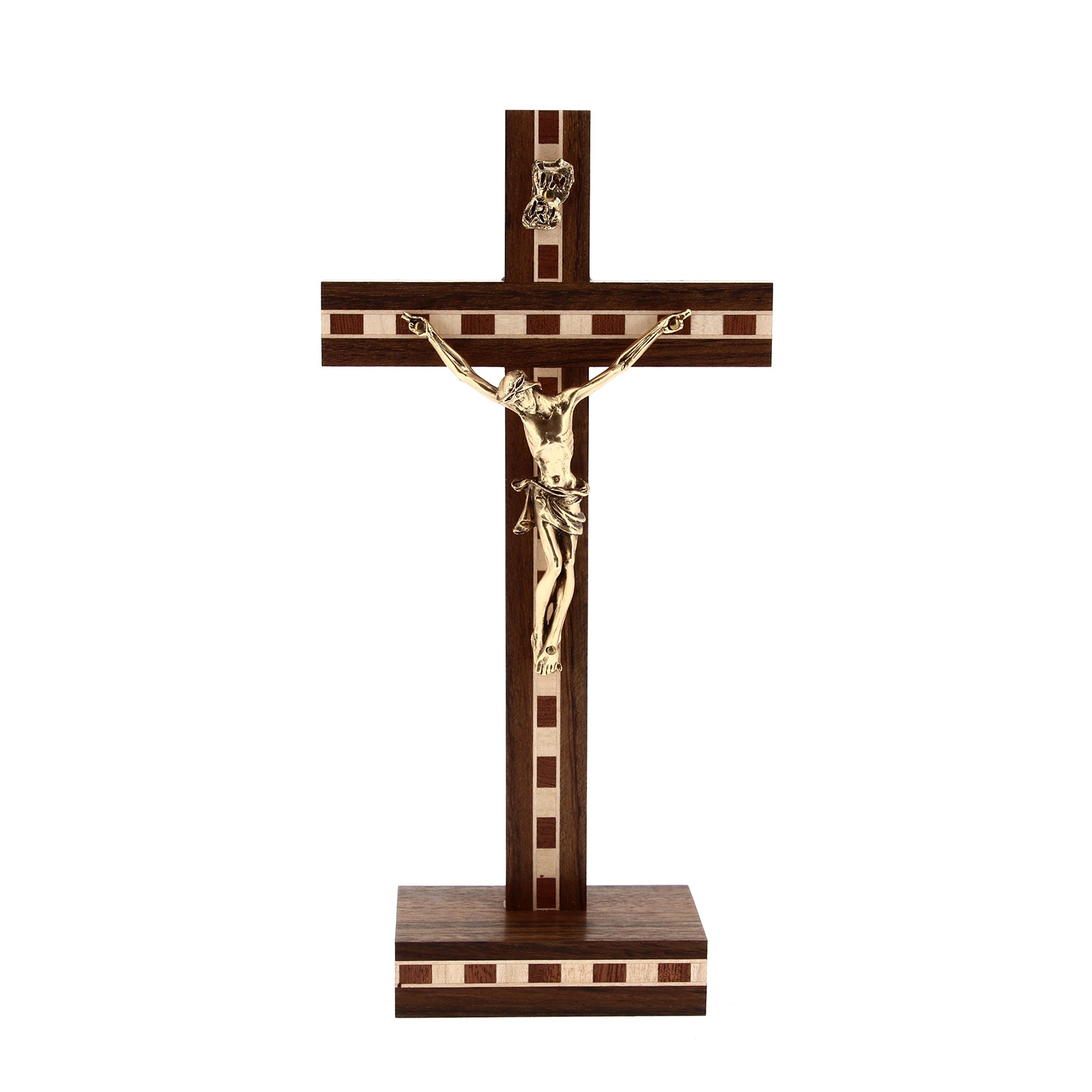 Crocifisso in legno con inserti in legno decorati, con corpo in metallo dorato. Altezza 22 cm