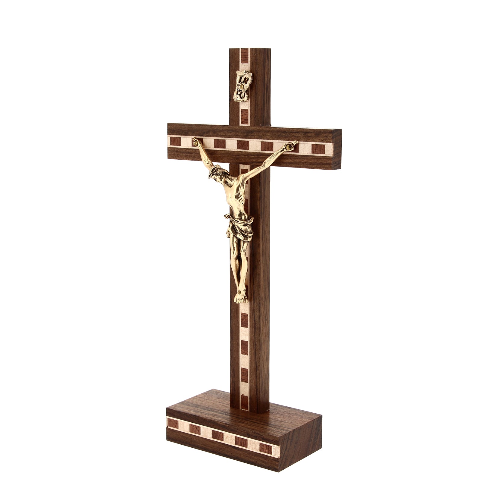Crocifisso in legno con inserti in legno decorati, con corpo in metallo dorato. Altezza 22 cm