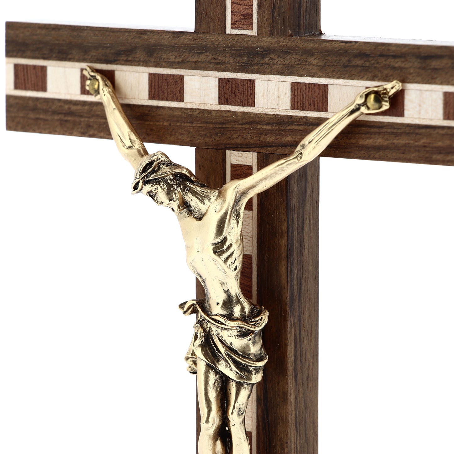 Crocifisso in legno con inserti in legno decorati, con corpo in metallo dorato. Altezza 22 cm