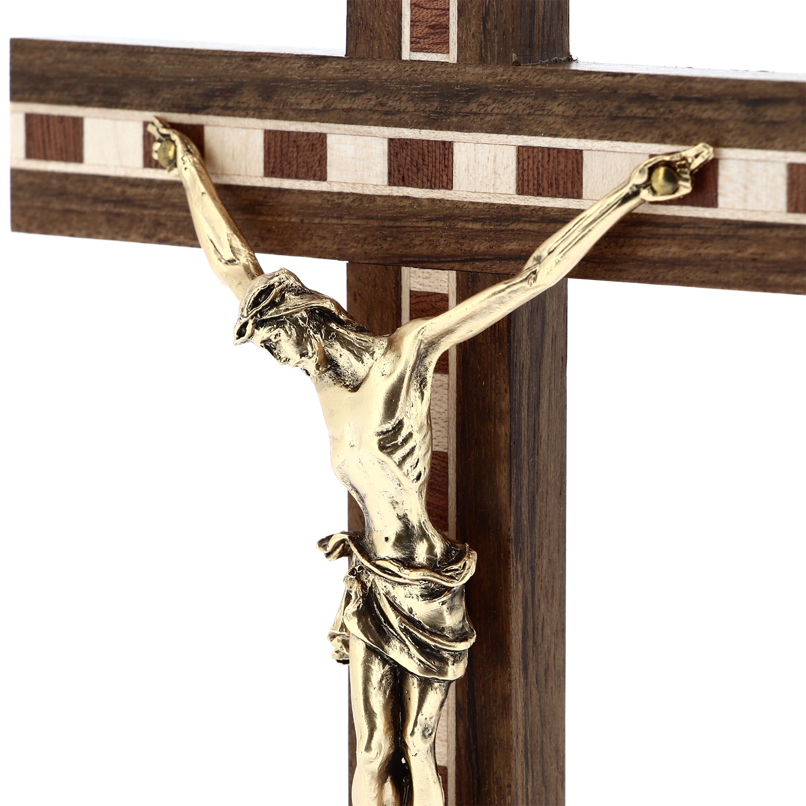 Crocifisso in legno con inserti in legno decorati, con corpo in metallo dorato. Altezza 21 cm