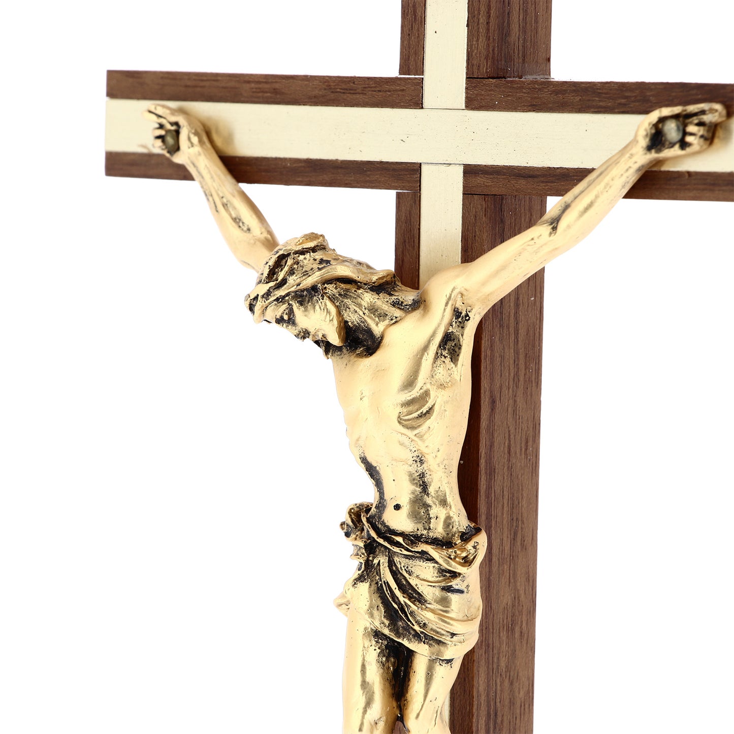 Crocifisso in legno noce con inserti e corpo in metallo dorato. Altezza 25 cm