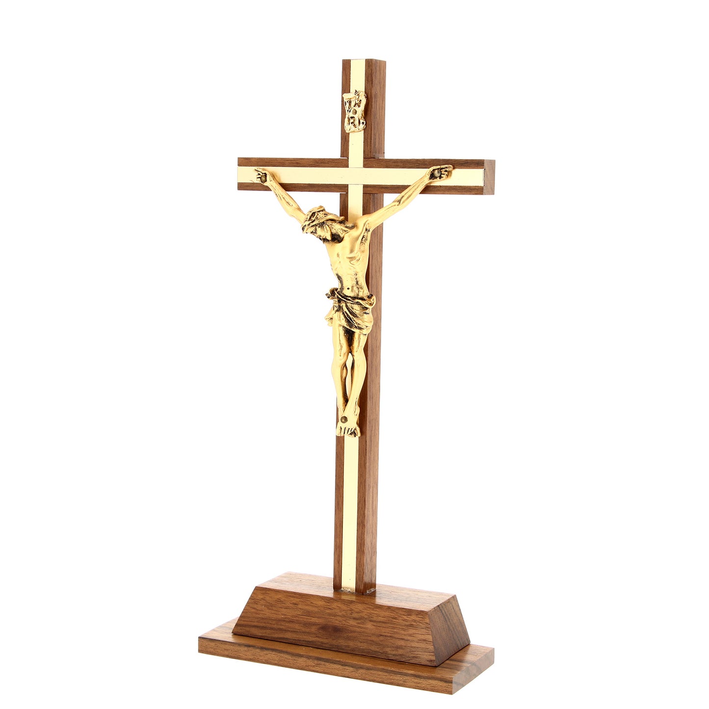 Crocifisso in legno noce con inserti e corpo in metallo dorato. Altezza 25 cm