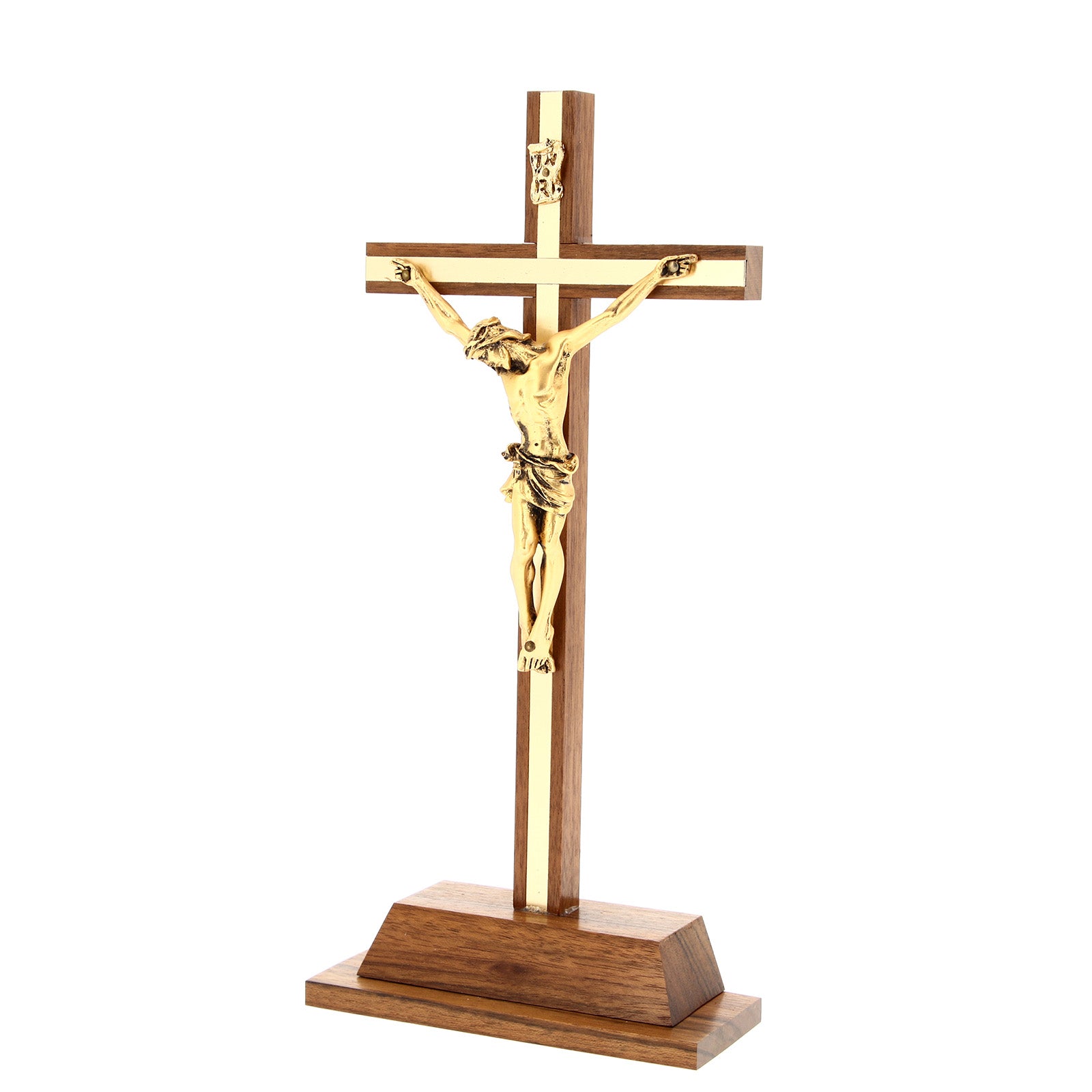 Crocifisso in legno noce con inserti e corpo in metallo dorato. Altezza 25 cm