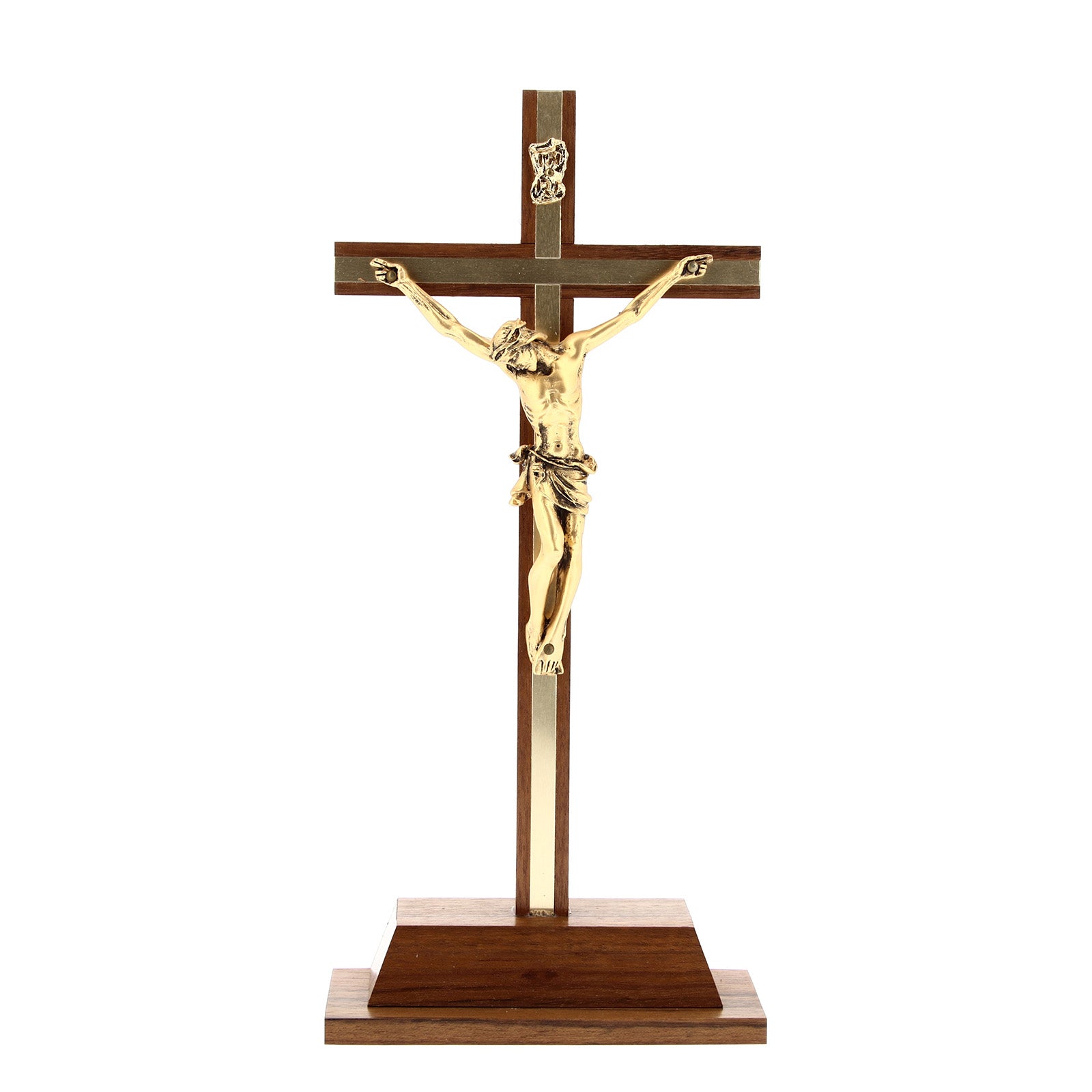 Crocifisso in legno noce con inserti e corpo in metallo dorato. Altezza 25 cm