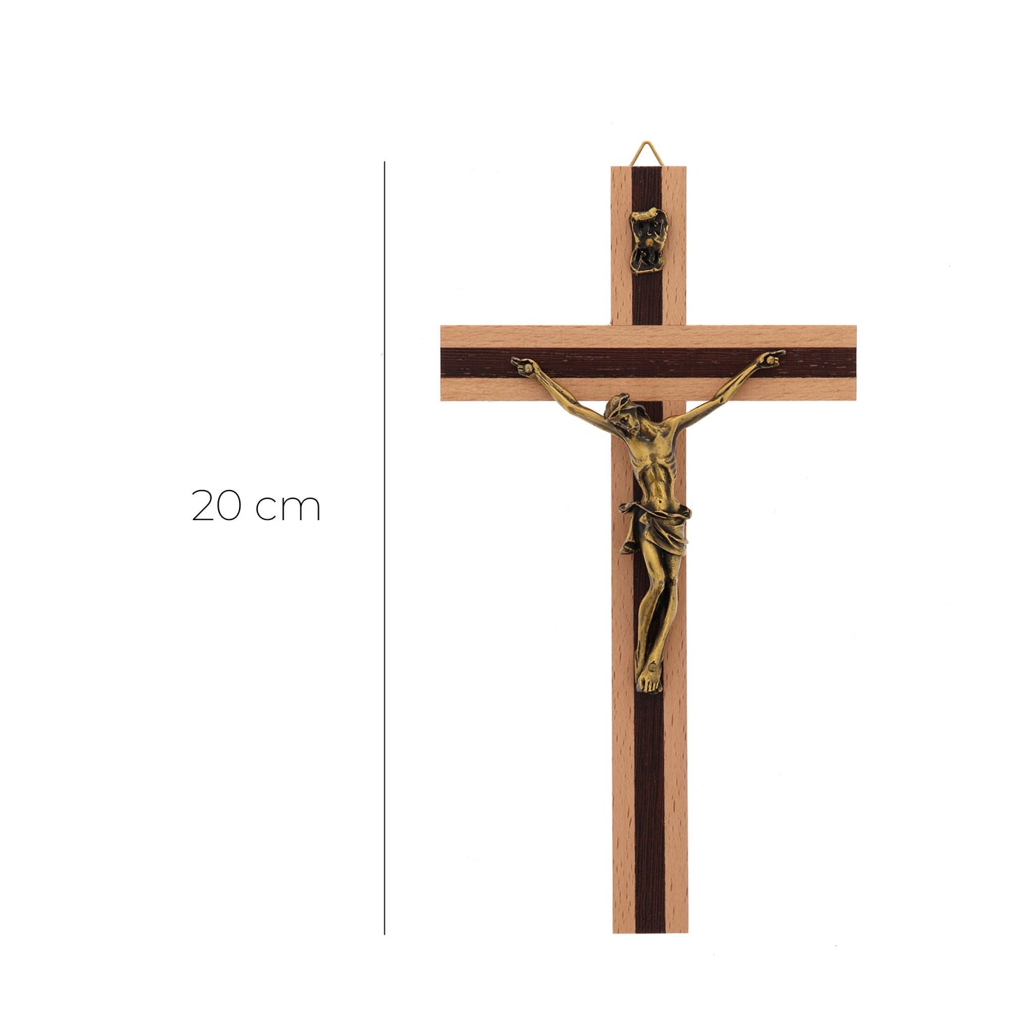 Crocifisso in legno chiaro con inserti in legno scuro e corpo in metallo. Altezza 20 cm