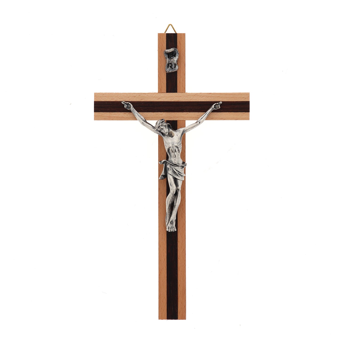 Crocifisso in legno chiaro con inserti in legno scuro e corpo in metallo. Altezza 20 cm