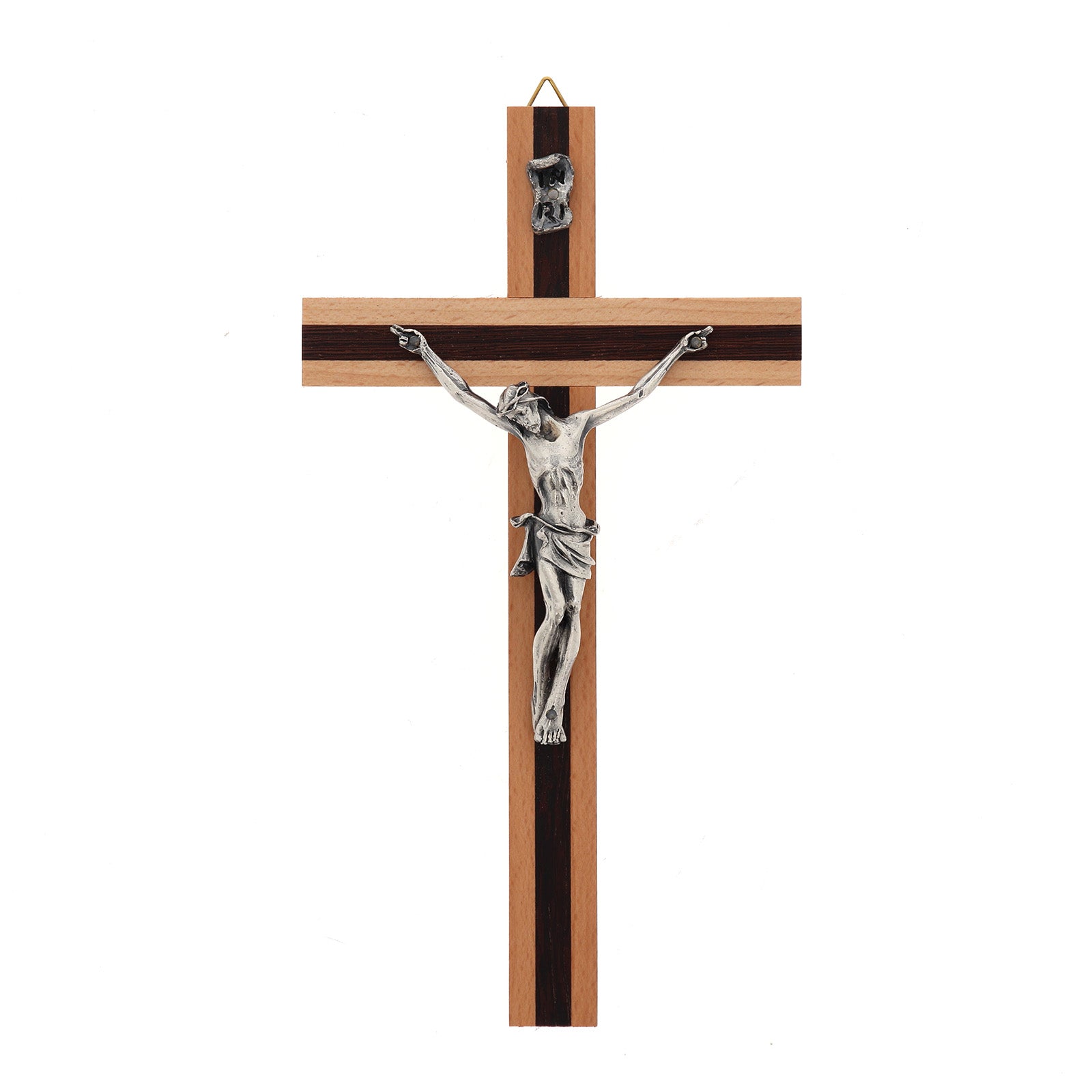 Crocifisso in legno chiaro con inserti in legno scuro e corpo in metallo. Altezza 20 cm