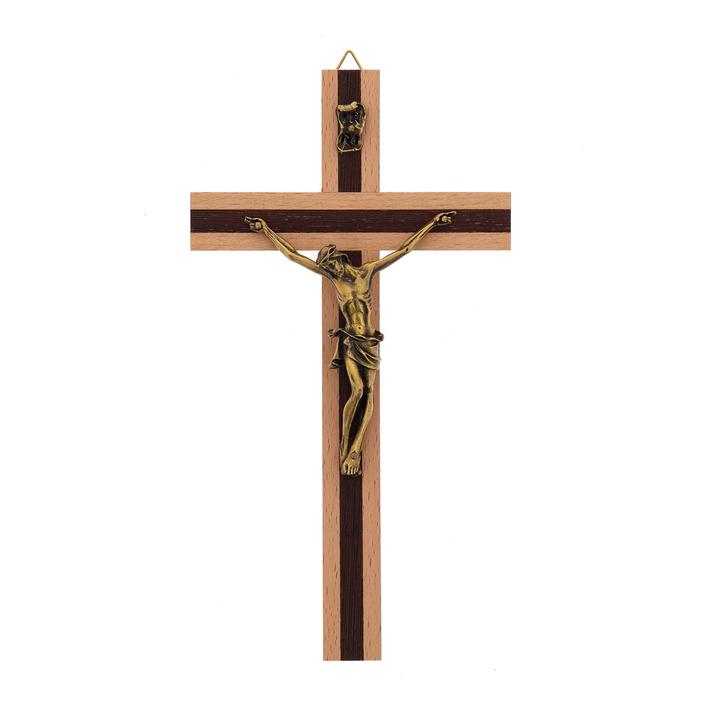 Crocifisso in legno chiaro con inserti in legno scuro e corpo in metallo. Altezza 20 cm