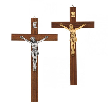 Crocifisso in legno noce con corpo in metallo. Altezza 28 cm