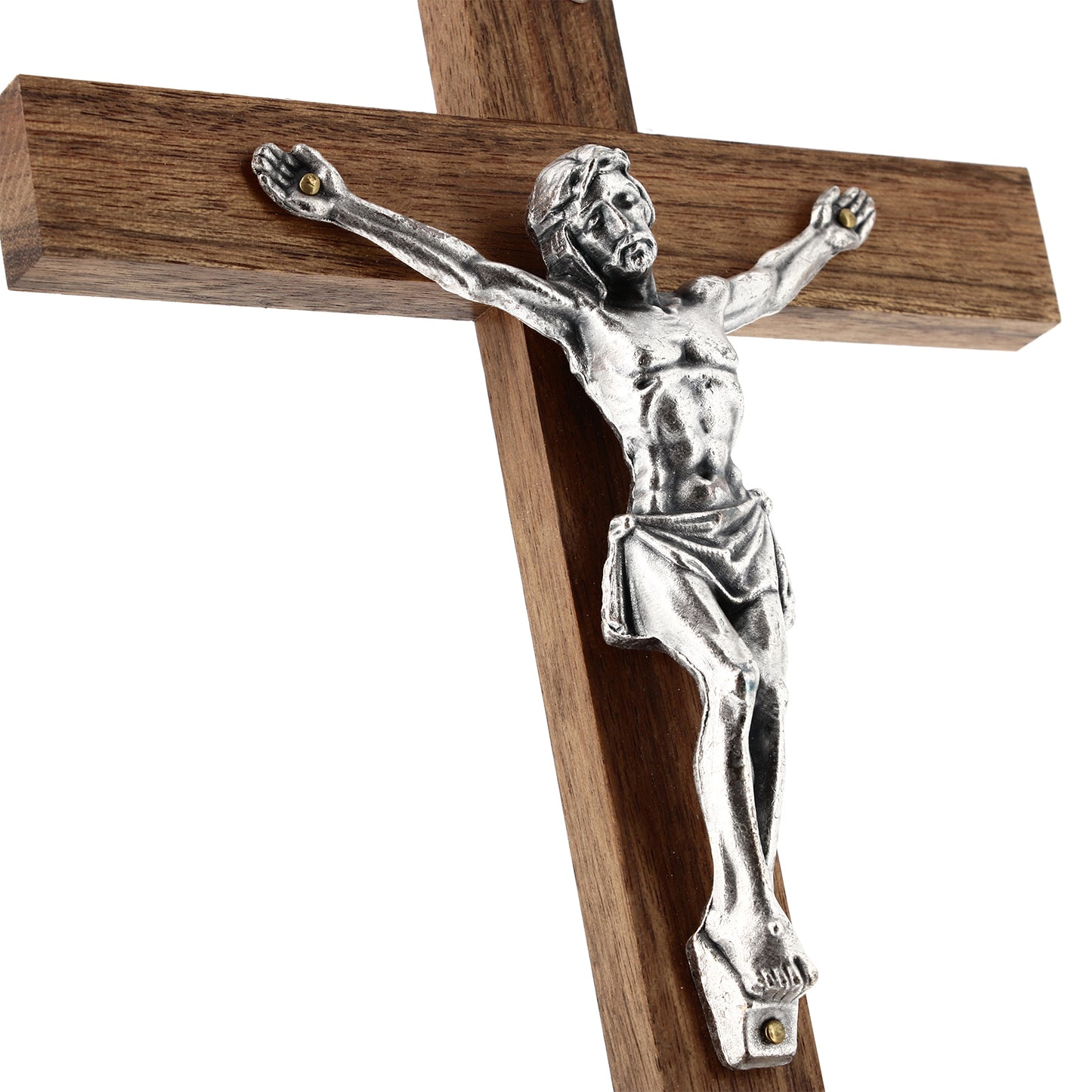 Crocifisso in legno noce con corpo in metallo. Altezza 28 cm