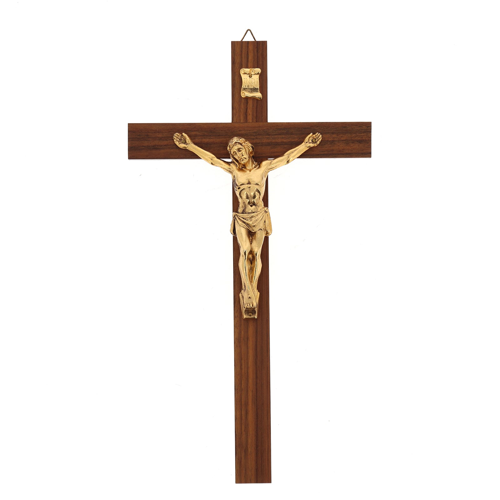 Crocifisso in legno noce con corpo in metallo. Altezza 28 cm