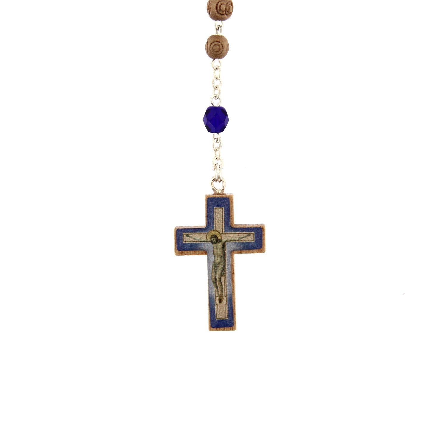 Corona indossabile grani in legno e Pater in simil cristallo blu, 4 mm
