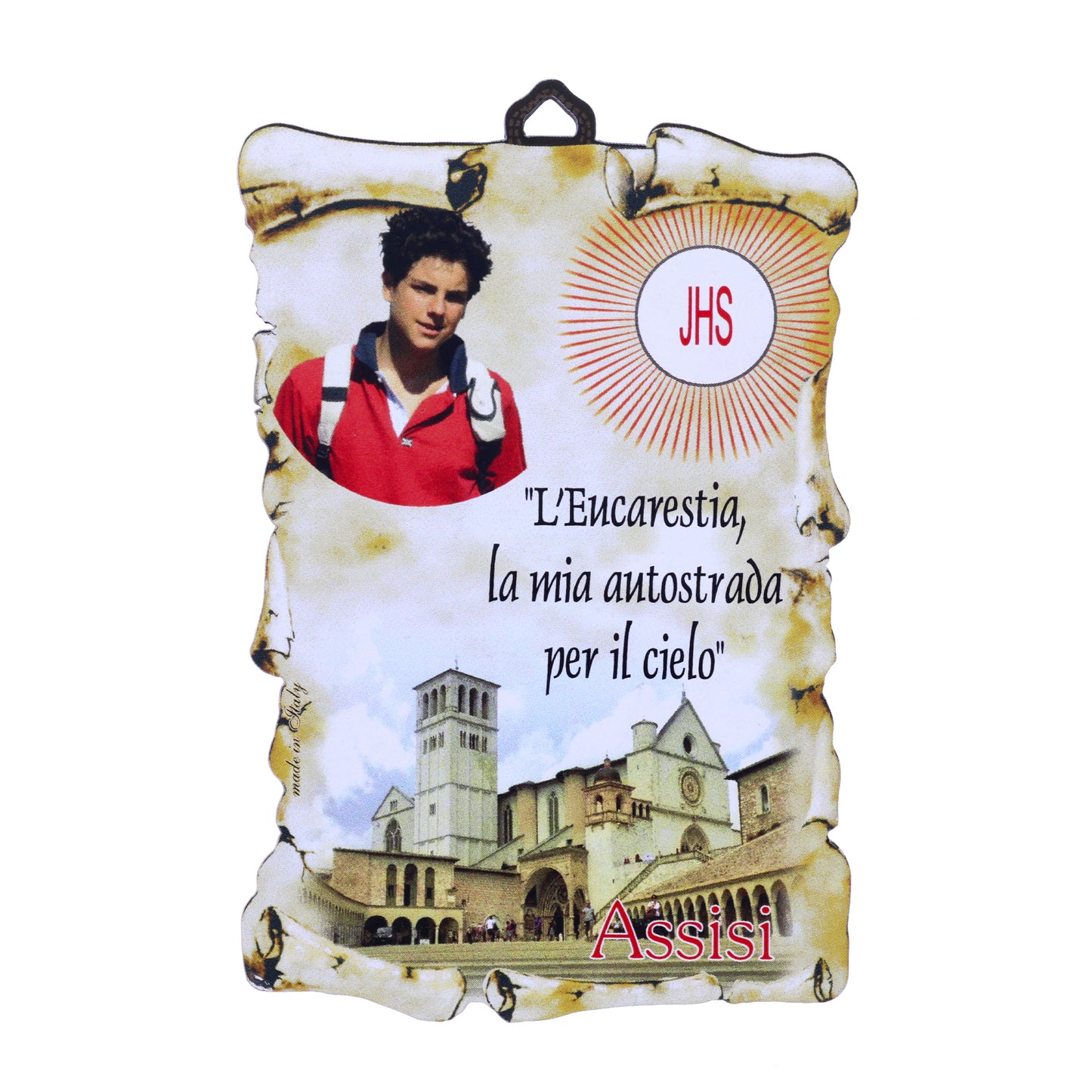 Tavoletta pergamena in legno con immagine Carlo Acutis. Dimensione 11x7 cm
