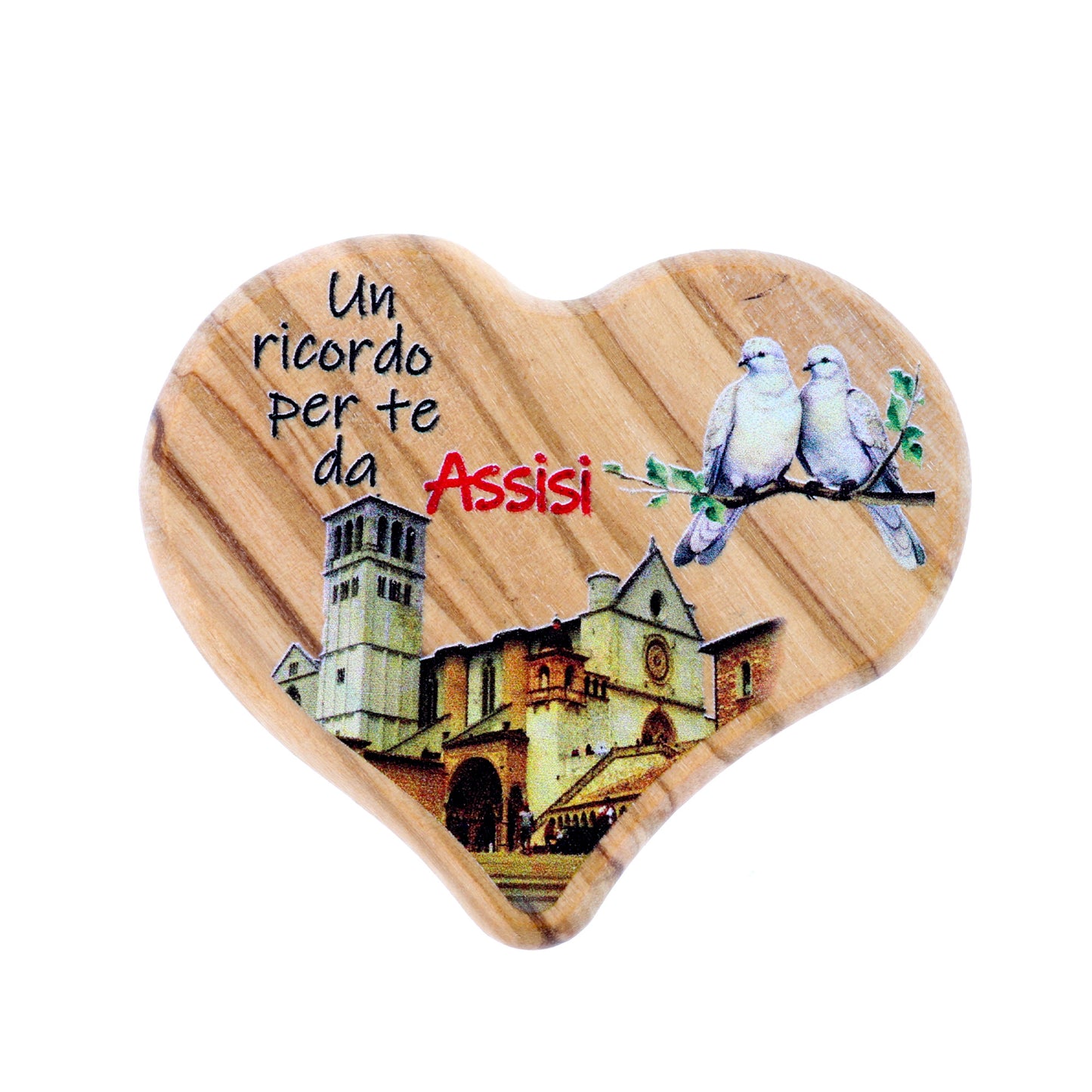Cuore in legno d'olivo con immagine Assisi. Prodotto personalizzabile. Dimensioni 5x5,5cm