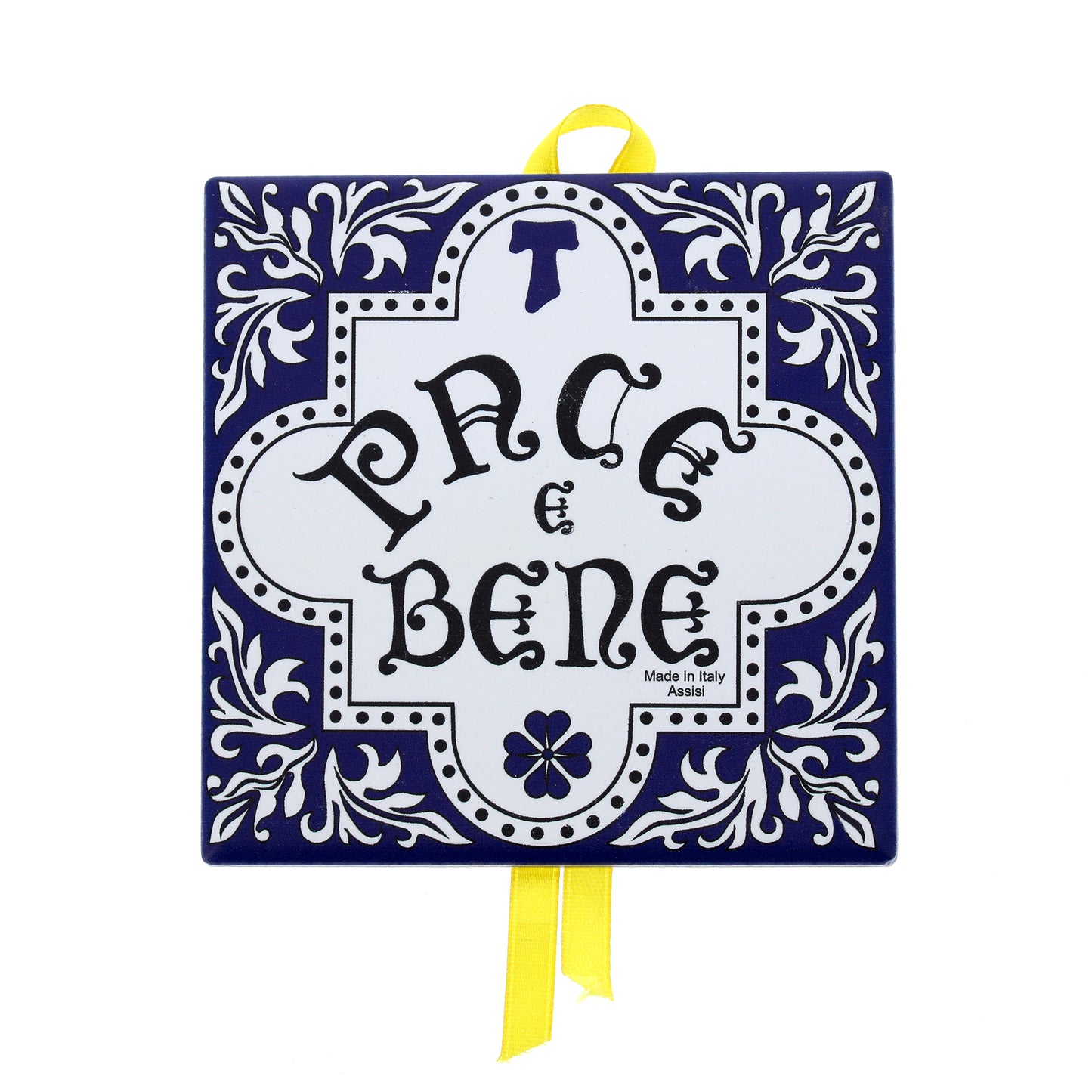Mattonella da appendere in ceramica con immagine serigrafata " Pace e Bene". Dimensioni 10x10 cm