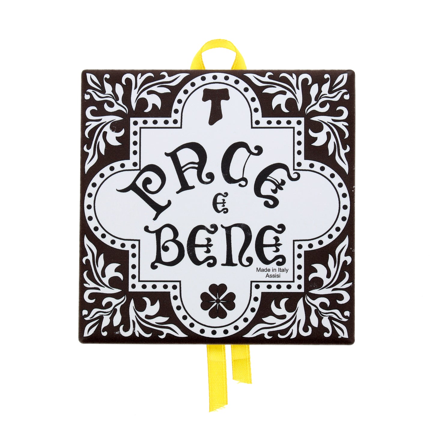 Mattonella da appendere in ceramica con immagine serigrafata " Pace e Bene". Dimensioni 10x10 cm