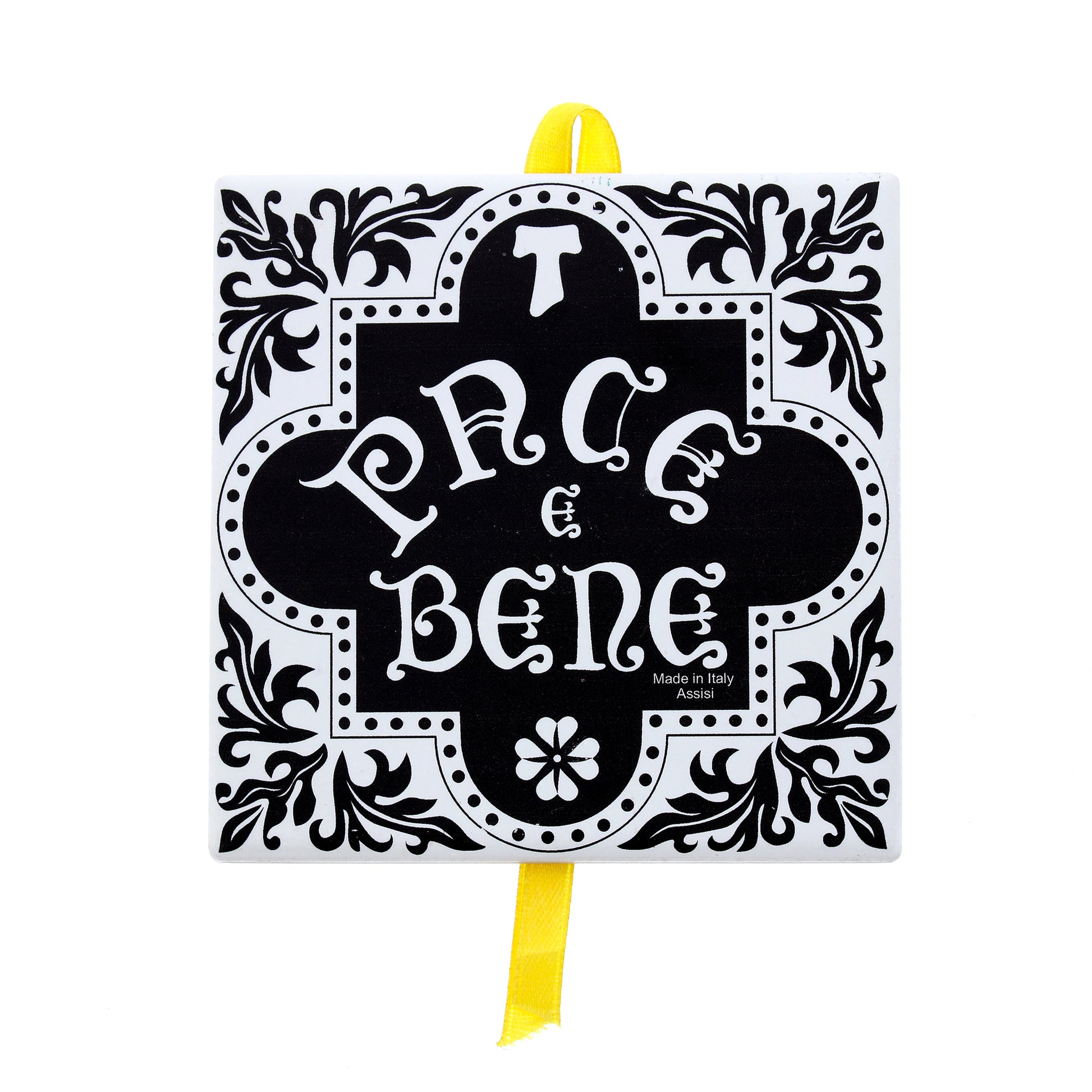 Mattonella da appendere in ceramica con immagine serigrafata " Pace e Bene". Dimensioni 10x10 cm