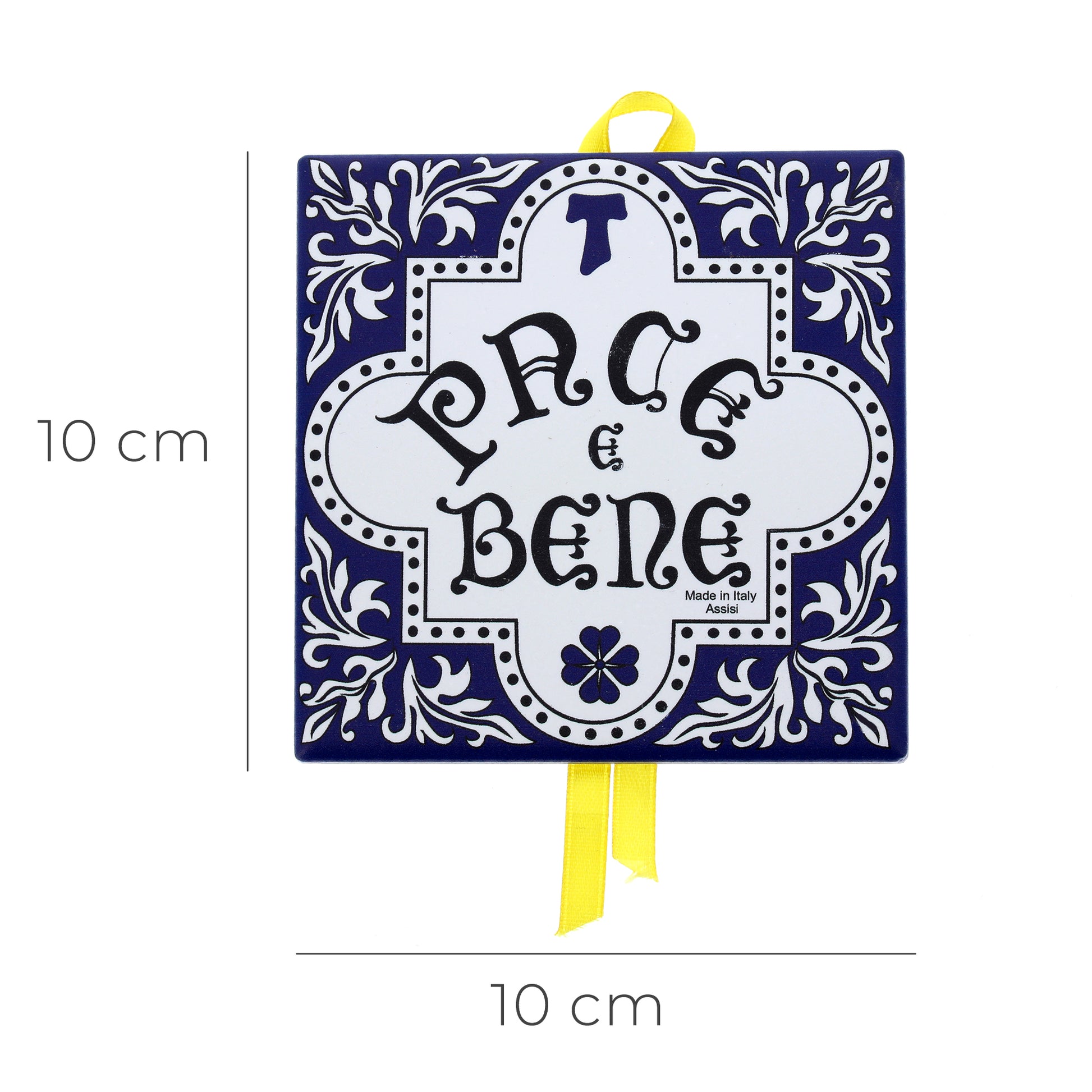 Mattonella da appendere in ceramica con immagine serigrafata " Pace e Bene". Dimensioni 10x10 cm