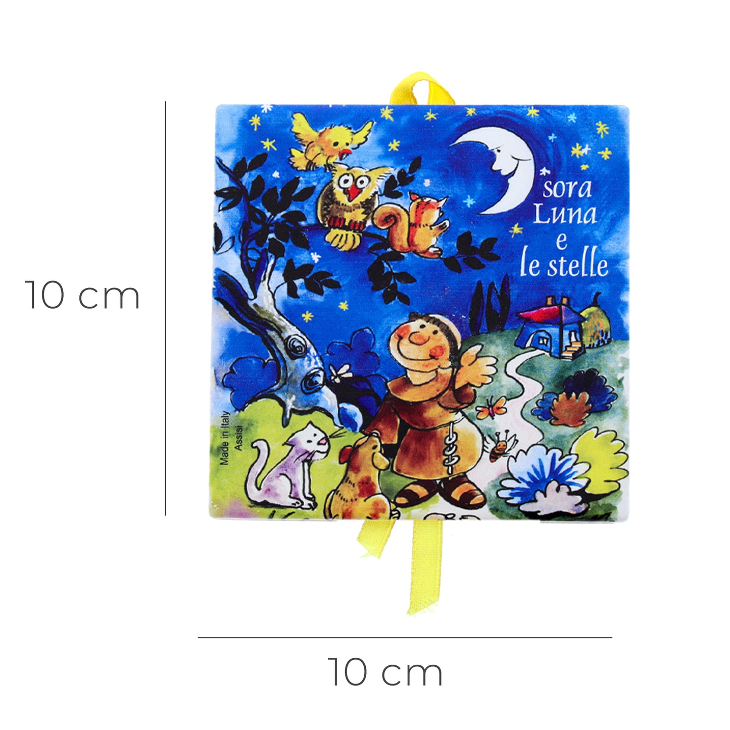 Mattonella da appendere in ceramica con immagine serigrafata "Cantico delle Creature". Dimensioni 10x10 cm