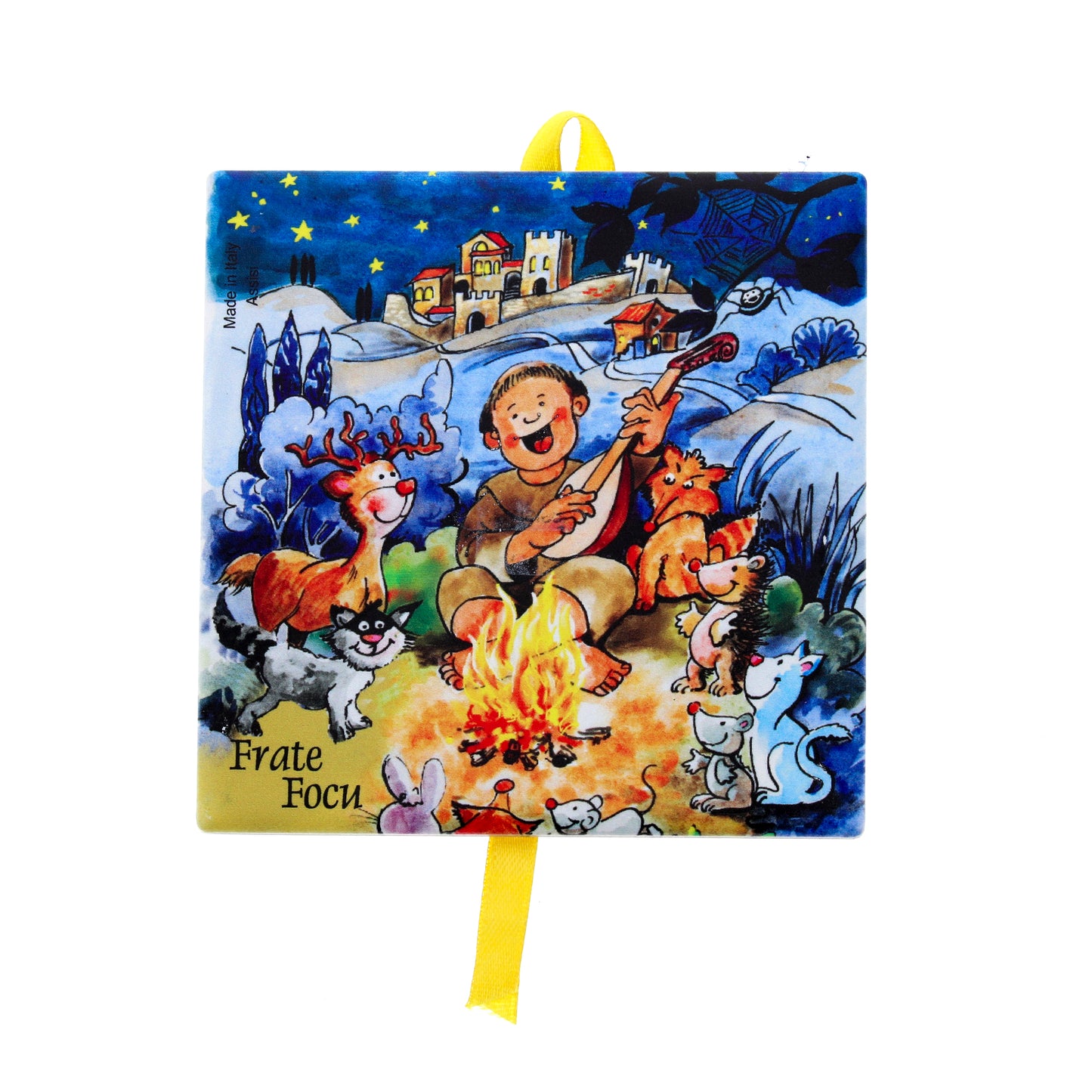 Mattonella da appendere in ceramica con immagine serigrafata "Cantico delle Creature". Dimensioni 10x10 cm